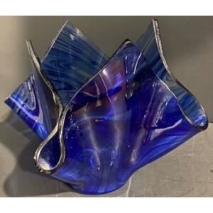 Art Glass Handkerchief  Vase Cobalt Blue Swirl Stamped/Numbered
